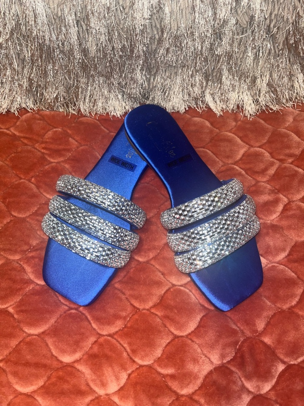Chase + Chloe Cobalt Blue Satin Slide Sandals with Rhinestone Straps…Wide Width